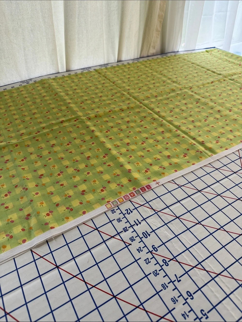 Vintage Green Floral Check Polyester Blend Fabric 1.5 Yards x 44 Retro Spring